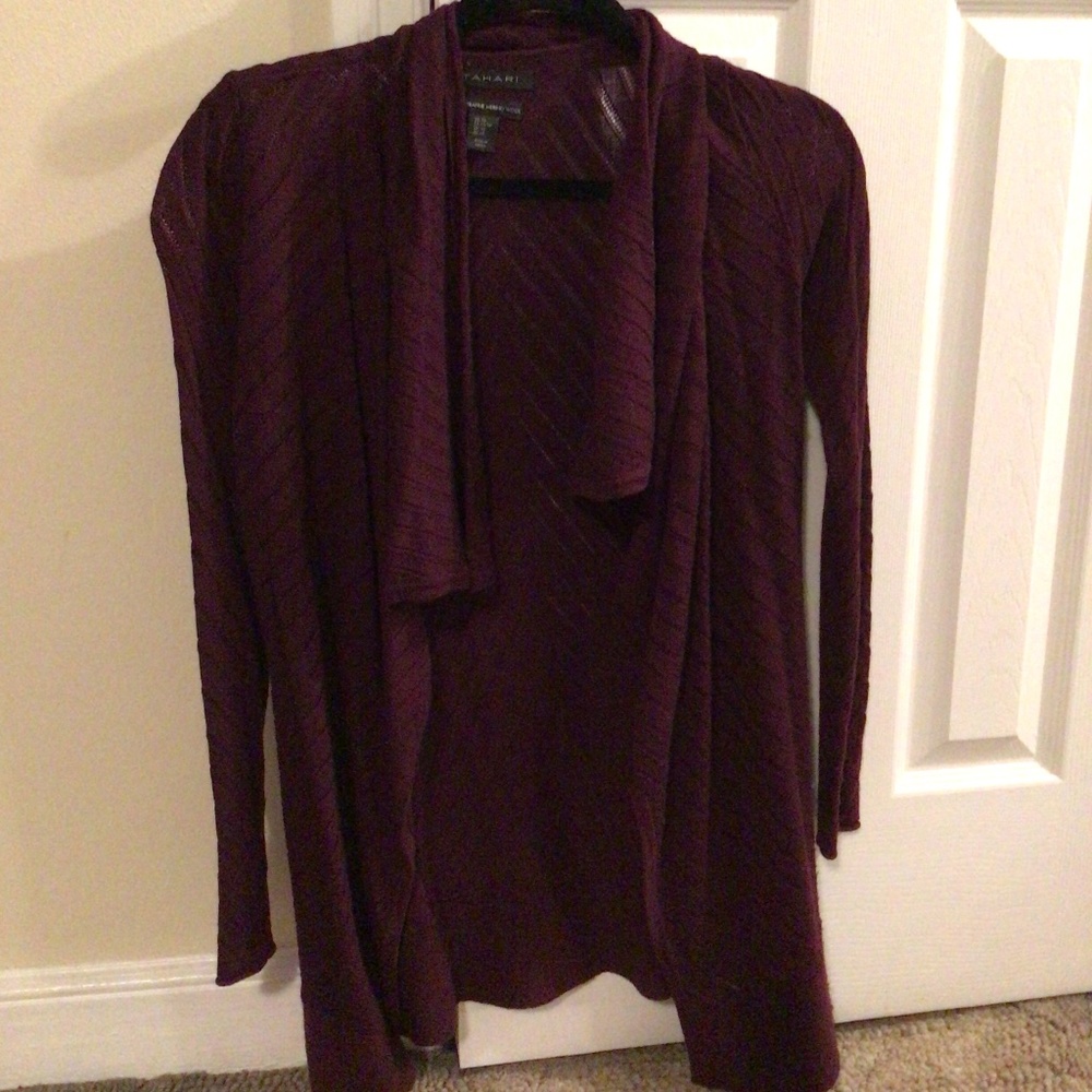 Tahari 100% Merino Wool Sweater XS Women's Open Cardigan Wide Collar Maroon